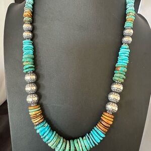 Blue Green Turquoise Beaded Necklace Sterling Silver 24” 19492